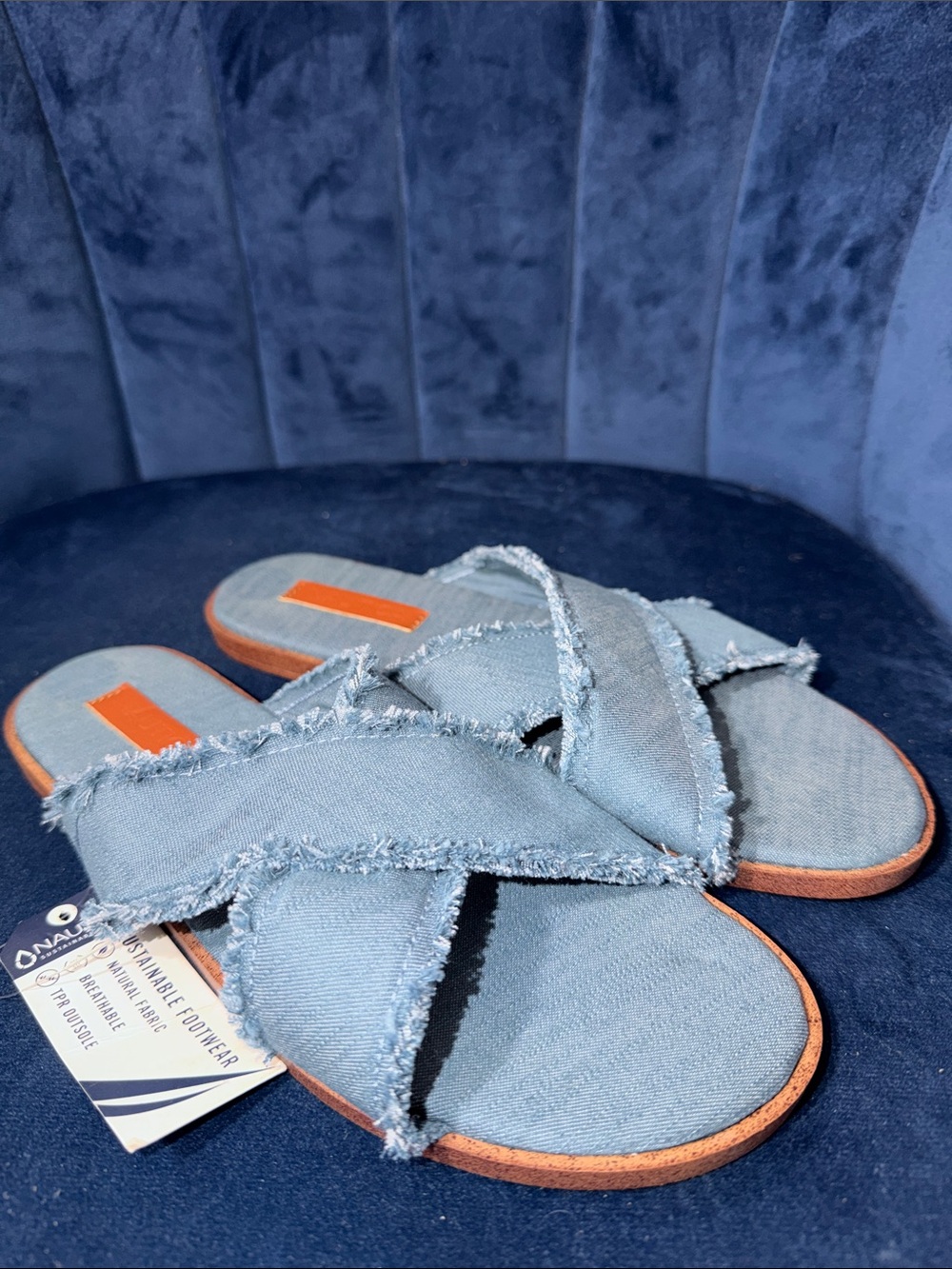 Nautica Blue Frayed Denim Cross-Strap Slide Sandals Women’s 7.5 NWT